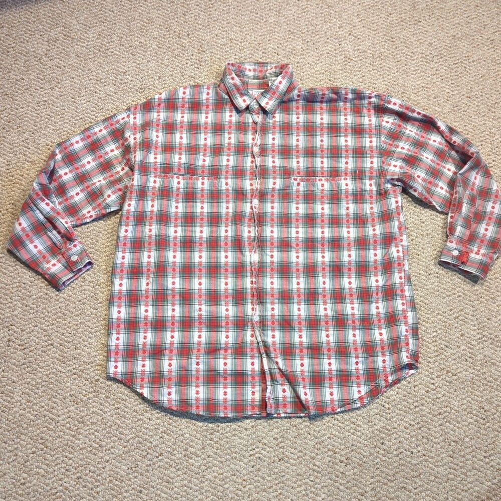 Vintage Esprit Sport Shirt Womens M Red Plaid Button Down Snowflake Fair Isle